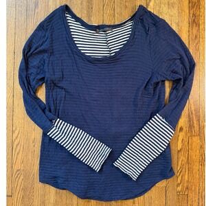 Whetherly Womens Navy Blue Striped Cuff Long Sleeve Scoop Neck Slub Knit Top